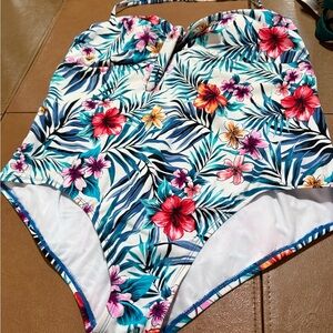 Time and Tru White High-Waist Tropical Floral Swim Shorts